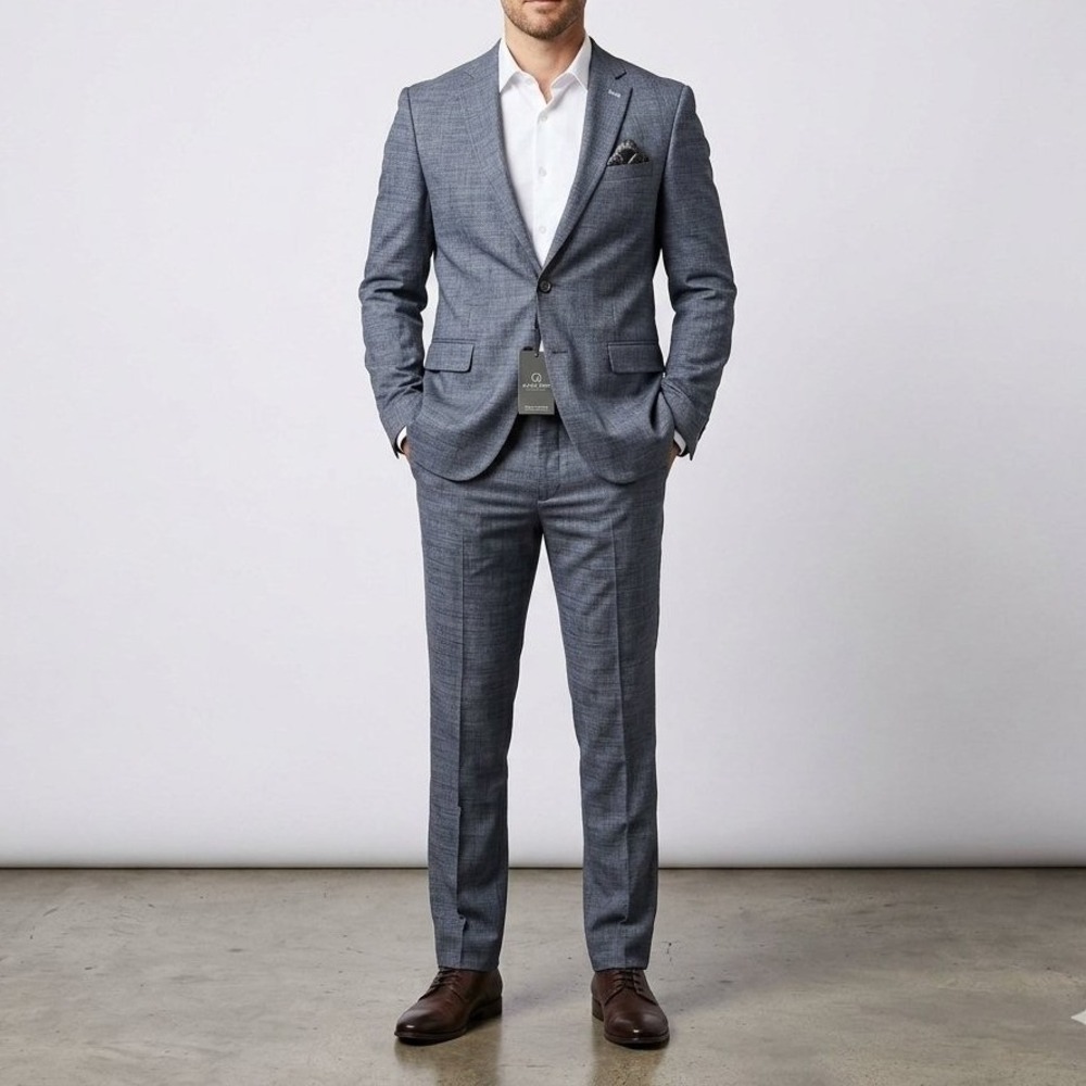 Quen Men Slim Fit Textured 2 Piece Suit Set Jacket Size 40 Pants 34x30 Gray Blue